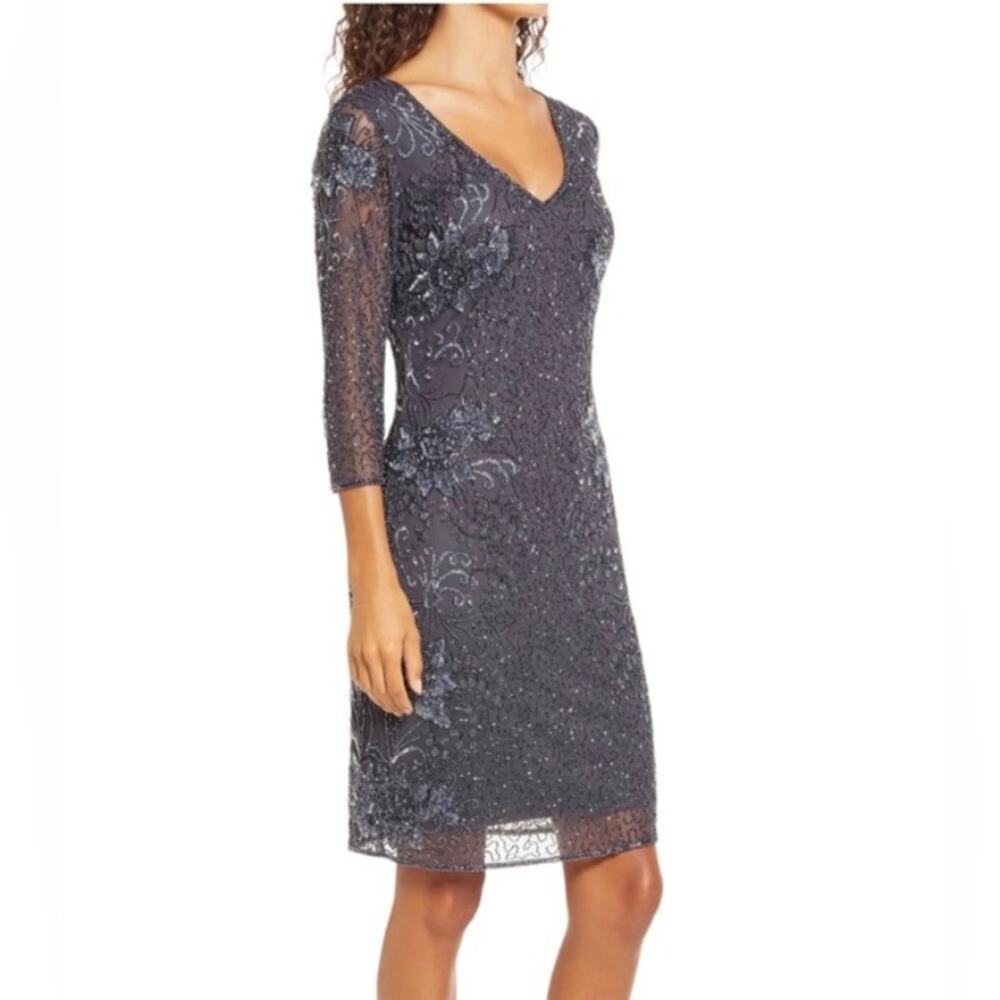 Pisarro Nights Short Beaded 3/4 Sleeve Cocktail Dress Slate Gray Size 18 NWT